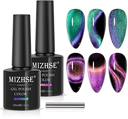 MIZHSE Cat Eye UV Cel Nagellack 9D Holografischer Cat Eye Gel Nail Polish Lila Gel Nägel Set Gelnägel 10ml mit Magnet Einweichen aus UV Nagellack Glitzer Cateye Magnet zum Home DIY Maniküre Studio