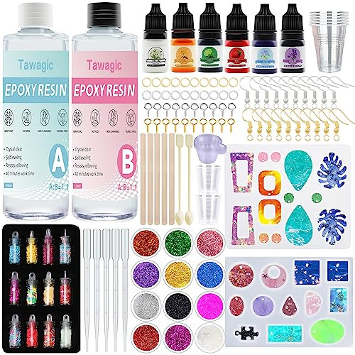 Tawagic Epoxidharz kristallklares Harz für Kit Anfänger Harz Gießen 1:1 Verhältnis Glasklar Resin Mit Epoxidharz Formen, Zubehör, Farbe, Glitterpulver, für DIY Halskette, Ohrringe, Schlüsselbund