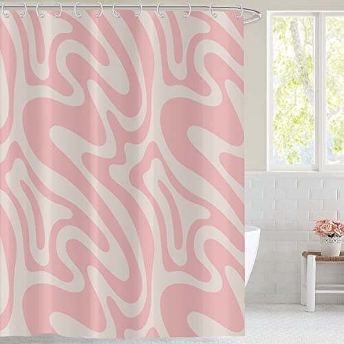 Hnmdmyi Duschvorhang Rosa 180x240, Abstrakt Retro 70er Jahre Duschvorhänge Modern Ästhetisch Wellig Wirbel Minimalistisch Mädchen Badewanne Vorhang Wasserdicht Polyester Stoff Waschbar Badevorhang