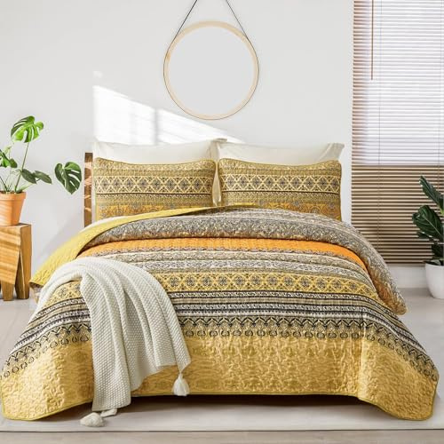 WONGS Bedding Boho-Bettwäsche-Set, volle Größe (228,6 x 198,1 cm), gelb-orange, böhmische Tagesdecke, leicht, weiche Mikrofaser, Bettbezug für alle Jahreszeiten, 3-teilig
