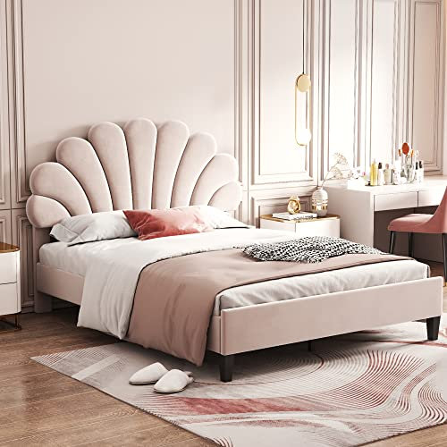 LERFAN Lit double capitonné 140 x 200 cm, cadre de lit avec tête de lit en forme de fleur/coquillage et sommier à lattes, en tissu velours doux pour la peau, support jusqu'à 200 kg, beige