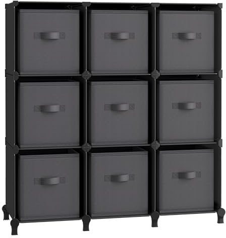 SONGMICS Cube Storage Unit with Storage Boxes, 9-Cube Clothes Storage Unit, 9 Non-Woven Fabric Cubes for Shelves, Customisable, Expandable, Space-Saving, Bedroom, Ink Black and Dove Grey LPC092B01