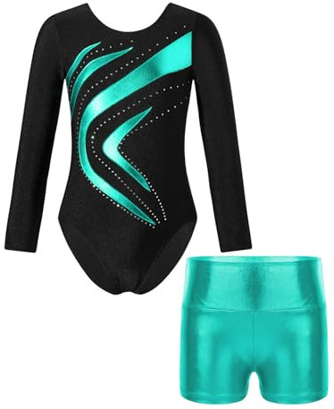 JanJean Kinder Mädchen Gymnastikanzug Glänzend Ballettanzug Langarm Turnanzug Ballett Trikot mit Kurze Hose Wettbewerb Tanzkostüm Z Blaugrün 146-152