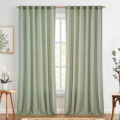 TOPICK 2er Set H 245 x B 140 (cm) Gardinen in Grün für Wohnzimmer Schlafzimmer Küche Leinen Gestreifte Vorhänge Streifen Gardinen mit Tunnelzug Landhausstil Moderne Halbtransparent Vorhänge