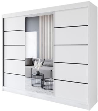 Easy4You R6 250 cm Weiß Schiebetüren Kleiderschrank 250x215x58 cm mit Spiegel - Schlafzimmermöbel, Aufbewahrung - Mehrzweckschrank