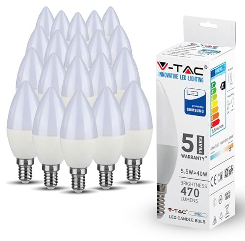 V-TAC E14 LED Candle Bulbs | 5.5W (Equivalent to 40W) Candle Light Bulbs | Edison Small Screw Light Bulb | Samsung Chip Non Dimmable E14 Candle Bulb | 3000K Warm White | Pack of 20