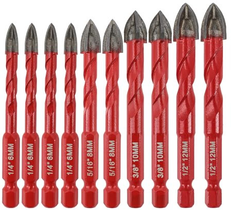 FOCSTOL Juego Brocas Seco - 10 piezas Juego Brocas Carburo con Cambio Rápido Mango Hexagonal para Madera Plástico Albañilería Cerámica Hormigón Mármol (6mm*4+8mm*2+10mm*2+12mm*2)
