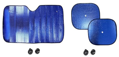Parasol Coche Delantero y Laterales Plegable Protector Solar de Luna, Universal con 2 Ventosas 2 Correas 130x60cm. (Azul)