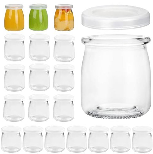 Lot de 20 Pots Yaourt en Verre avec Couvercle 200ml, Pot en Verre, Petit Pot Conservation Bébé, Verrines en Verre pour Pudding Confiture, Miel, Desserts, Bougies
