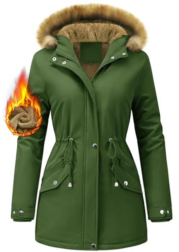 FemiChic Cappotto Giubbotto Donna Invernale Parka Impermeabile Imbottita con Cappuccio Giacca Antivento Foderato in Pile Giacche Caldo in Pelliccia Elegante Cappotti Invernali(Verde militare,L)