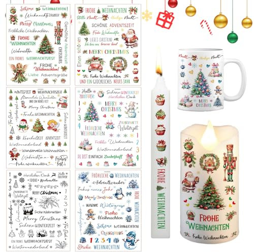JAMSSOW 6 Stück Kerzentattoos Weihnachten,Kerzenaufkleber Weihnachts Sticker,Wassertransferdruck,Kerzen Dekorieren,Kerzen Tattoo Folie,DIY asserschiebefolie Kerzen für Weihnachten