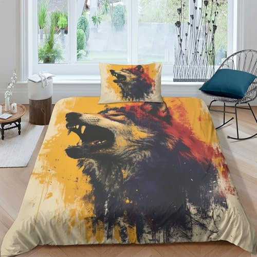 VUDBELAFC Colorful Wolf Bettbezug Set Bettwäsche Kinderbettwäsche-Set Reißverschluss Mit Kissenbezügen Betten Set Für Jugendliche Kinder Schlafzimmer Single（135x200cm）