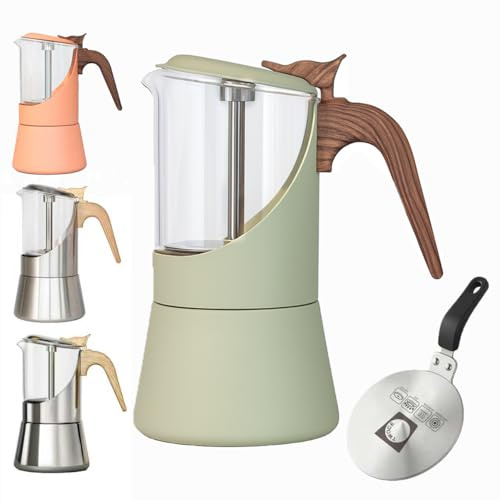 TWOCE Mokkakanne aus Glas für Herd und Induktion, italienischer Espressokocher mit Holzgriff und auslaufsicherem Design, mit Induktions-Wärmeverteilerplatte (6 Tassen, mattiert, 240 ml)