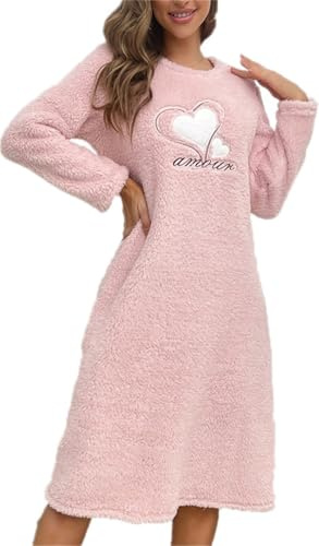 Silver Basic Camicia da Notte a Maniche Lunghe in Flanella Invernale Sleepwear da Donna e Ragazza Pigiama a Collo Tondo in Pile da Donna Gonna