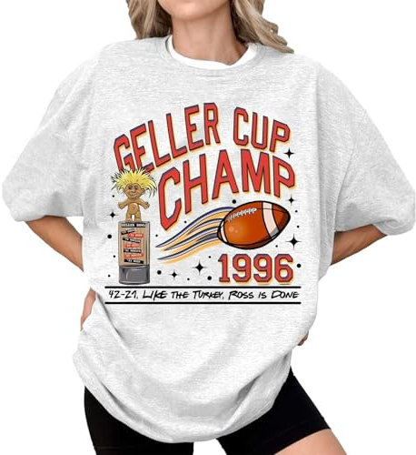 Geller Cup Shirt Friends TV Show Tee Football Trophy Graphic Tee Retro 1996 Geller Bowl Shirt Shirt Funny Thanksgiving Football Shirt Short Sleeve Tops for Women Summer (White, M)
