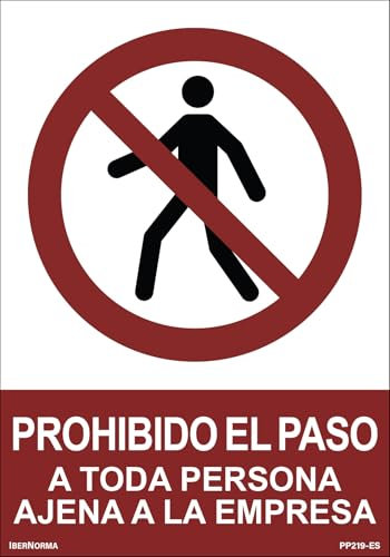 IberNorma PP219-ES Señal de Prohibido el Paso a toda persona Ajena a la Empresa 21x30cm placa en PVC homologada, Cartel de prohibición de acceso para uso interior y exterior
