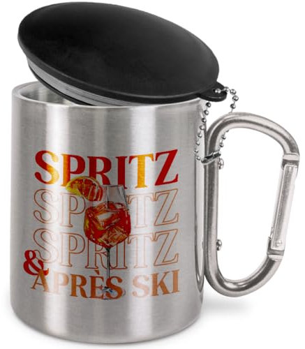 Prozente Momente Spritz & Apres Ski | Edelstahl-Trinkbecher mit Karabinerhaken | 330 ml | Becher | Apres-Ski | Camping | Silber