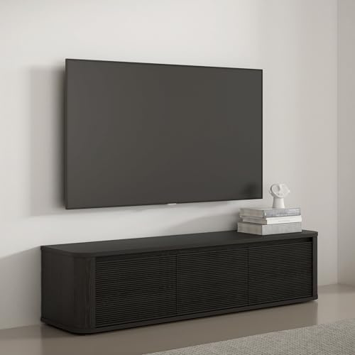 Forte BREATHTAKER TV-Schrank 170, modern minimalistisches Lowboard, 3-türig, Reliefstruktur, Wohnzimmer, Holzwerkstoff, Schwarz, 168 cm breit x 41,5 cm hoch x 41,3 cm tief