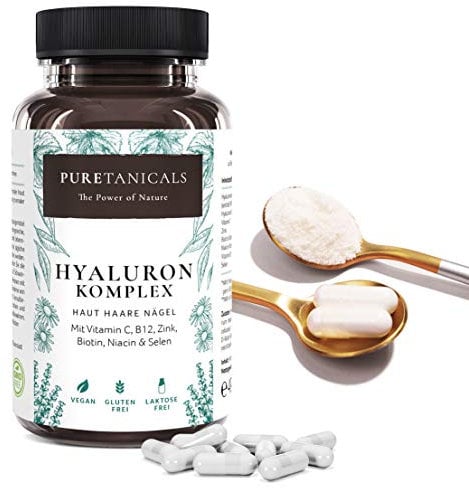 Hyaluronsäure Kapseln | Haut Haare Nägel für Frauen & Männer | Vitamin C, B12, Zink, Biotin, Niacin, Selen | 350mg Hyaluron hochdosiert laborgeprüft | Vegan aus Deutschland ohne Magnesiumstearat