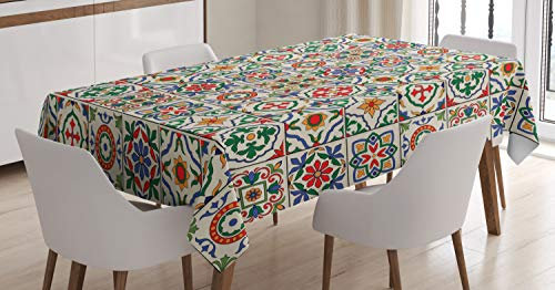 ABAKUHAUS marokkanisch Tischdecke, Dekorative abstrakte Blatt, Personalisierter Druck Klare Farben ohne Verblassen Waschbar für Außen Bereich, 140 x 200 cm, Beige Rot Blau