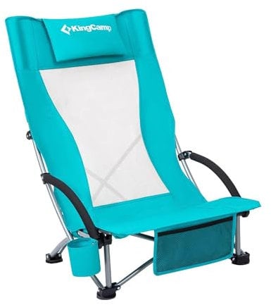 KingCamp Niedriger Strandstuhl, zusammenklappbar, tragbar, für Erwachsene, leicht, extra breit, ergonomisch, hoher Netz-Rücksitz, 136 kg, strapazierfähig, übergroße Ausrüstung, mit Tragetasche, für