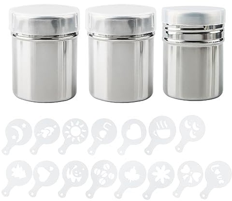 AIFUDA 3 Stück Edelstahl-Pulverstreuer mit 16 Stück Druckformen Schablonen, Pulverdosen mit Netz für Kaffee, Cappuccino, Latte, Dredge Shaker mit Loch für Küche, Restaurants