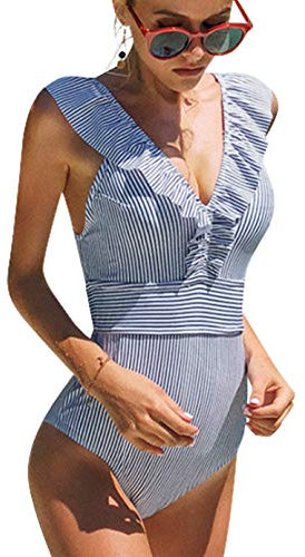 heekpek Maillot de Bain 1 Pièce Femme Ensembles Col V Monokini Sexy Amincissant Sexy Bikini Imprimé Vetement de Plage Bikini Vintage Maillot de Bain Volant, Bleu, Taille S