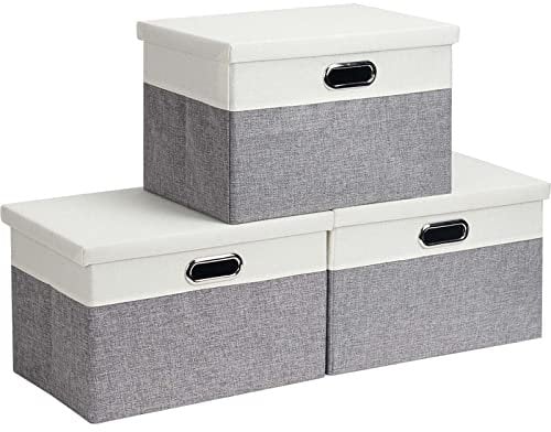 Febzoce Storage Boxes with Lids, Storage Baskets for Shelves Foldable Fabric Storage Bins Organizer for Home and Office Light Grey and White Small 33 x 22 x 18 cm 3 Pack