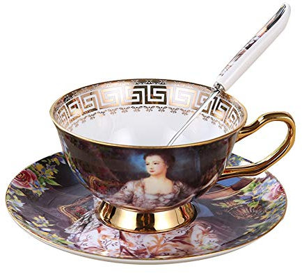 FYBlossom Tasse à Café Porcelaine Fine, Ensemble De Tasse à Café Style Européen Camélia Pattern, Vintage Tasse Cafe avec Soucoupe Et Cuillère pour Ménage, Bureau, Mariage, Café - 200 ML (Style D)