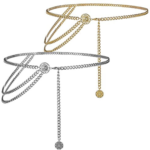 XUBX 2er Set Kettengürtel für Damen, Verstellbarer Taillenkette, Silber und Golden Metallgürtel für Kleid, Taillengürtel, Metallkörperkette für Jeans, Kleider, Gürtel Metall Link Kette (Typ 1)