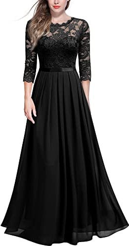 MIUSOL Women's Retro Floral Lace 3/4 Sleeve Wedding Bridesmaid Maxi Dress (Medium, Black)