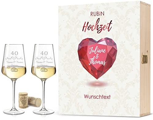 Leonardo Weingläser mit Gravur - Rubinhochzeit Design - Personalisiert mit Namen & Datum inkl. Holzkiste - Geschenk zur Hochzeit Verlobung Jahrestag Farbe Große Kiste UV