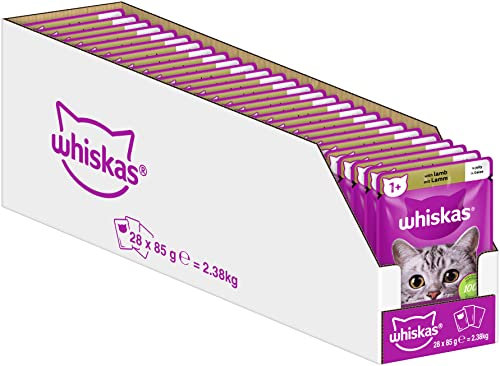 Whiskas 1+ Katzenfutter Lamm in Gelee, 28x85g (1 Packung) – Hochwertiges Nassfutter für ausgewachsene Katzen in 28 Portionsbeuteln