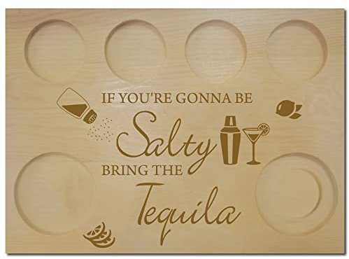 CREATCABIN Tequila Flight Board Bar Serving Tray Shot Glasses Holder with Salt Rim Wine Holder for Bar Restaurant Party Family Gathering Gifts 9.84x7.09 Inch-If You're Gonna Be Salty Bring The Tequila