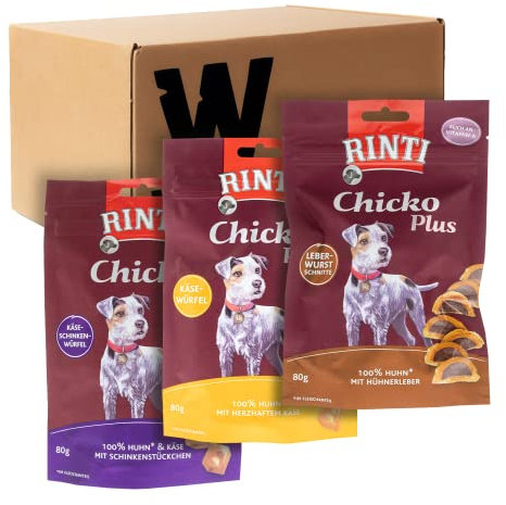 W West Boxx Set aus Chicko Plus Hundeleckerlis, 1x Käse-Schinken-Würfel, 1x Käsewürfel und 1x Leberwurstschnitte, jeweils 80g Leckerlis für große und kleine Hunde