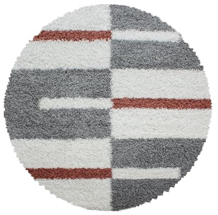 HomebyHome Teppich Rund Shaggy 200 cm Rund - Hochflor Runder Teppich Terrakotta, Grau und Weiss Extra Weich und Flauschig - Bettvorleger Teppich für Wohnzimmer, Schlafzimmer, Küche, Flur - Carpet