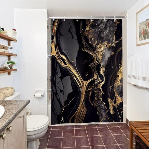 Uiiooazy Rideau Douche Noir Doré, Rideau de Douche Anti Moisissure 150x200cm Effet Marbre Gris Moderne Rideaux de Baignoire Tissu Lavable Imperméable Polyester Rideaux Salle de Bain avec 10 Crochets