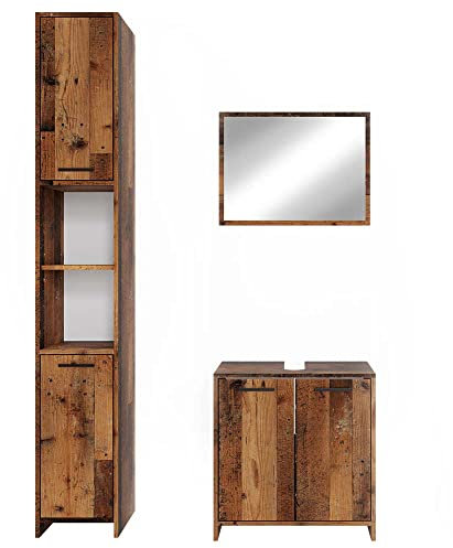 Vicco Badmöbel-Set Kiko, Badezimmerschrank-Set, Eiche rustikal, 3 Teile, mit Hochschrank