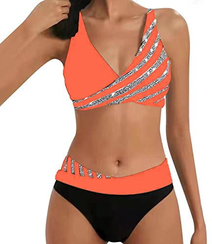 Allegorly Damen Bikini Set Triangel Breites Unterbrustband Bademodes Zweiteiliger Badeanzug Wickeloptik Lace Up Bikini Bademodes V Ausschnitt Blumenmuster Zweiteiliger Badeanzug (HJ1D-Orange, M)