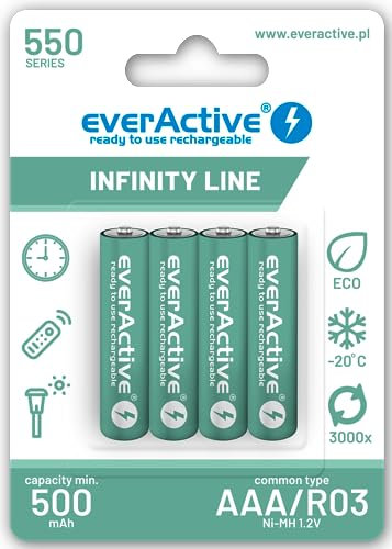everActive Akku AAA 550 mAh 4 Stück, NI-MH, Mini R03, wiederaufladbar, vorgeladen, Infinity Line 1.2V, 1 Blisterkarte, grün, EVHRL03-550