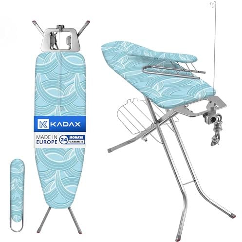 KADAX Table à Repasser pour Centrale Vapeur, Planche Pliable avec Support pour Fer, Prise de Courant, Étagère et Hauteur Réglable (120 x 38 cm, Bleu Clair)
