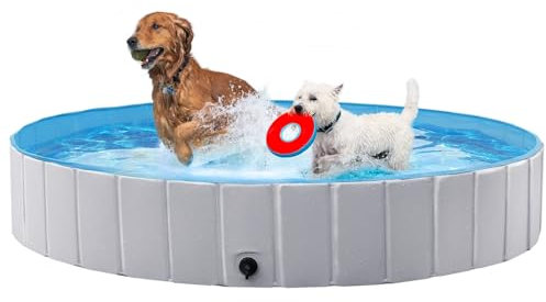 Yaheetech PVC Foldable Pet Dog Paddling Pool Puppy Swimming Pool Portable Dog Pool Extra Large Bathing Tub with Brush for Indoor Outdoor 180 x 30cm Grey
