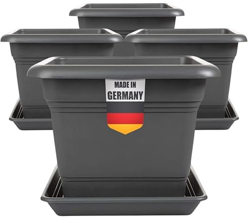 LIVINJA Pflanzkübel Groß Außen 4er Set - 40x40cm Robuste, Eckige Blumentöpfe, Frostsicher & mit Untersetzer, Anthrazit für Garten & Terrasse