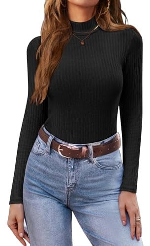 Ekouaer Women's Turtleneck Long Sleeve Shirts Solid Slim Fit Tops, Black, L