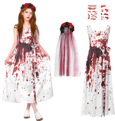 Blisscok Déguisement d'Halloween de Mariée Fantôme, avce Voile de rose avec du sang - Autocollants, Robe de mariée blanche avec du sang – Parfait pour Halloween ou toute fête costumée (S)