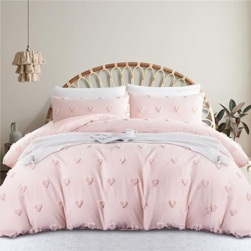 Tospass Housse de Couette Bohème Style 220x240cm Rose Tuftée Broderie Parure de lit Adulte Boho 2 Personnes avec Fermeture Éclair Parure Housse Couette en Microfibre avec 2 Taie d'oreiller 65x65cm