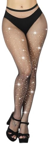 Aomig Rejilla Mujer con Diamantes de Cintura Alta, Medias Malla Pantimedias Elástico, Sexy Brillantes para Club Nocturno Fiesta Disco Bar, Negro