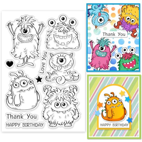 GLOBLELAND Monsters Geburtstagsetikett Klare Stempel Schichtung Transparenter Monsters Stempel Geburtstag Danke Liebe Dich Silikonstempel Für Die Kartengestaltung DIY Prägung Scrapbooking Basteln