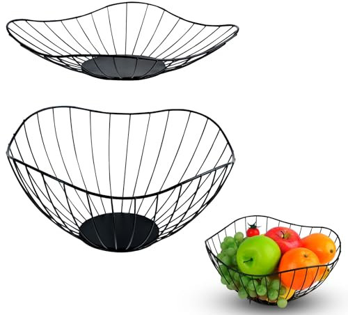 MOAMUN 2 Corbeille a Fruit Noir 2 Tailles, Fil Métallique Corbeilles à Fruits Durable Panier a Fruit, Corbeille Panier Fruit Corbeille a Pain Panier De Fruits Et Legumes pour Fruits Légumes Snacks