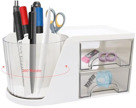 HVIHWI Organisateur Bureau Rangement, Pot a Crayon Rotatif avec 5 Compartiments, Porte-Stylos Pivotant 360 Degrés pour Papeterie, Bureau, École, Maison et Maquillage - Blanc